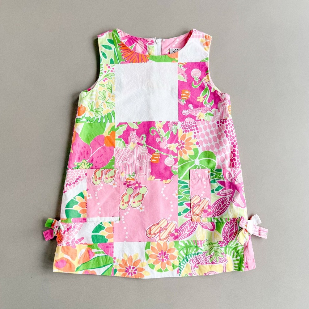 Lilly Pulitzer Girls 3T Tropical Patchwork Shift Dress Alligator Flip Flop Print